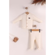 Kidello Ekru Kız Erkek Bebek Takım Unisex Yenidoğan 0-3 Ay Ribana Kumaş Patikli Takım