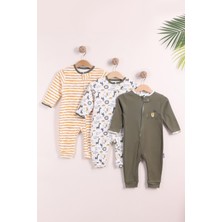 Kidello Yeşil Erkek Bebek %100 Pamuklu Fermuarlı 3'lü Filli Desenli Manşetli Tulum Seti (9AY 12AY 18AY)