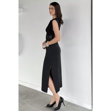 Gülseli Kadın Omuz Vatkalı Bel Güpür Detaylı Yırtmaçlı Elbise P-00019720