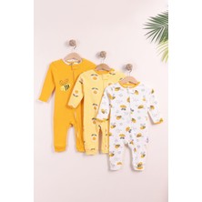 Kidello Sarı Erkek Bebek Kız Bebek Pamuklu Fermuarlı 3'lü Arılı Desenli Manşetli Tulum Seti (9AY 12AY 18AY)
