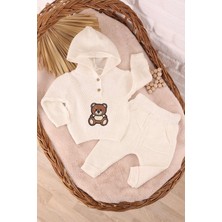 Kidello Ekru Ayıcıklı Kapüşonlu Triko Erkek Bebek 2'li Takım (3-12 Ay)