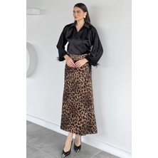 Gülseli Kadın Leopar Desenli Saten Etek P-00019816