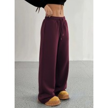 Arben Boutique Kadın Yüksek Bel Lastikli Bağcıklı Geniş Kesim Dalgıç Mürdüm Pantolon