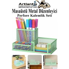 Artlantis Masaüstü Metal Kalemlik Seti 3 Lü Kombo 1 Paket Fileli Perfore Pastel Renkli Kalemlik Kağıtlık Küpnotluk Düzenleyici