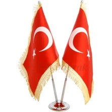 Krom Ikili (2li) Türk Masa Bayrağı (Simli)