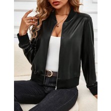 Giyimodam Kadın Uzun Kollu Önden Fermuarlı Deri Kısa Ceket