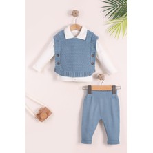 Kidello Mavi Erkek Bebek Triko 3'lü Takım – Yelekli, Pantolonlu, Uzun Kollu