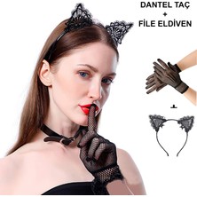 Siyah Kedi Dantel + Eldiven Seti – Parti, Dans ve Kostüm Kombini