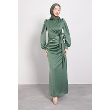 Tesettür Diyarı Yandan Bağlamalı Pile Detaylı Saten Abiye- Haki