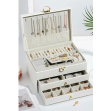 Feyza Design Beyaz Dışı Deri Iç Kadife Kilitli 2 Çekmeceli Takı Organizer