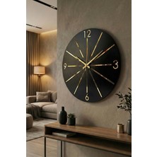 Siyah Renk Gold Gri Aynalı Çizgi Desenli Sessiz Hediyelik Ahşap Dekoratif Ev Ofis Duvar Saati 50CM
