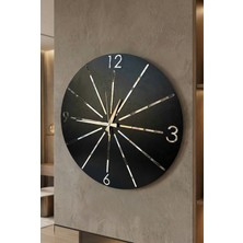 Siyah Renk Gold Gri Aynalı Çizgi Desenli Sessiz Hediyelik Ahşap Dekoratif Ev Ofis Duvar Saati 50CM
