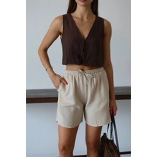 Mesga Butik Müslin Kumaş Şort Bağcıklı Bej Pt