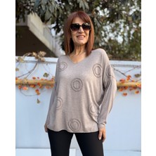 Denizege Butik Kadın Halka Motif Kabartma Angora Karışımlı V Yaka Triko Sütlü Kahve