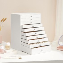 Feyza Design 10 Katlı Beyaz Sentetik Deri Mücevher Kutusu, Şık ve Kullanışlı Tasarım