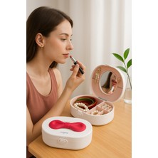 Feyza Design Taşınabilir Aynalı Takı ve Aksesuar Kutusu, Beyaz ve Kırmızı Kurdeleli