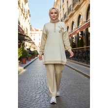 Lale Butik Kadın Boncuk Işleme Detay Simli Örme Kumaş Tunik Pantolon Takım 7323 Krem