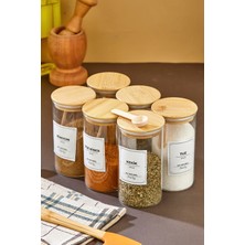 6'lı 300ML Bambu  Vakum Kapaklı Kaşıklı Borosilikat Baharat Takımı (Etiket Hediyeli)