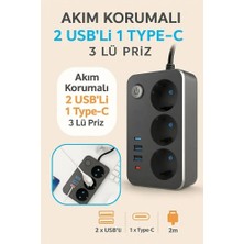 Gunkes WINNBOSSTermal Akım Korumalı USB ve Type-C 2.1A Şarj Çıkışlı 10A 2500W 3'lü Uzatma Grup Priz 2 Metre