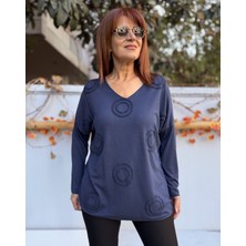 Denizege Butik Kadın Halka Motif Kabartma Angora Karışımlı V Yaka Triko Lacivert