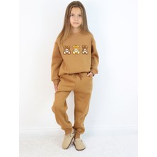 Harika Kids Kız Çocuk 3'lü Ayıcık Nakışlı 3 İplik Oversize Şardonlu Takım