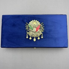 Feyza Design Büyük Boy Mavi Kadife Tespih Kutusu Osmanlı Tuğralı, Şık ve Zarif Tasarım