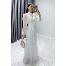 Moderie Butik Kadın Damla Yaka Sırt Dekolteli Astarlı Tül Elbise