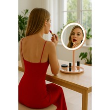 Feyza Design Şarjlı 360° Ayarlanabilir LED Makyaj Aynası, Dokunmatik, 3 Işık Modu, Pudra Pembem