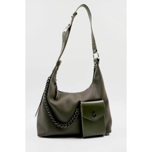 Hüvendo Zincir ve Ön Cep Detaylı Ayarlanabilir Askılı Kadın Günlük Omuz Çantası Haki