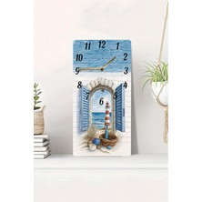 KutuTR 3D Görünümlü Pencere ve Deniz Feneri Temalı 2duv Baskı Mdf Tablo Saat 20X40 CM-DTS035