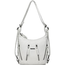 Hüvendo Barcelona Günlük Orta Boy Fermuar Detaylı Çok Cepli Kadın Omuz ve Sırt Çantası Beyaz