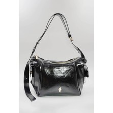 Hüvendo Parlak Deri Yan Cep Detaylı Ayarlanabilir Askılı Günlük Orta Boy Kadın Omuz Çantası Siyah