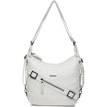 Hüvendo Barcelona Günlük Orta Boy Kemer Detaylı Kadın Omuz ve Sırt Çantası Ayarlanabilir Askılı Çok Yönlü Tasarım Beyaz