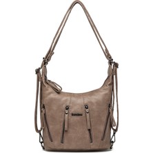 Hüvendo Barcelona Günlük Orta Boy Fermuar Detaylı Çok Cepli Kadın Omuz ve Sırt Çantası Vizon