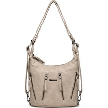 Hüvendo Barcelona Günlük Orta Boy Fermuar Detaylı Çok Cepli Kadın Omuz ve Sırt Çantası Koyu Bej