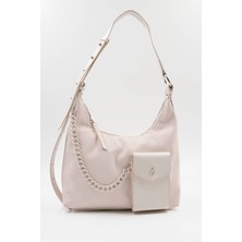 Hüvendo Zincir ve Ön Cep Detaylı Ayarlanabilir Askılı Kadın Günlük Omuz Çantası Bej