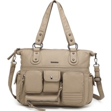 Hüvendo Çok Cepli Günlük Büyük Boy Shopper Tasarım Ayarlanabilir Askılı Kadın Omuz Çantası Açık Vizon