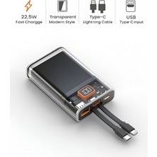ÇELİKWORK 10000mAh Dijital Ekran Powerbank 22 5W Hızlı Şarj 1 USB 1 Type C Girişli Type C ve Lightning Kablolu