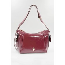 Hüvendo Parlak Deri Yan Cep Detaylı Ayarlanabilir Askılı Günlük Orta Boy Kadın Omuz Çantası Bordo