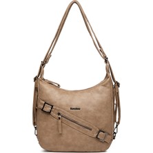 Hüvendo Barcelona Günlük Orta Boy Kemer Detaylı Kadın Omuz ve Sırt Çantası Ayarlanabilir Askılı Çok Yönlü Tasarım Açık Vizon