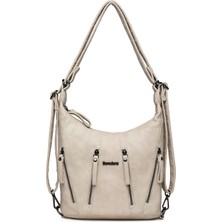 Hüvendo Barcelona Günlük Orta Boy Fermuar Detaylı Çok Cepli Kadın Omuz ve Sırt Çantası Bej