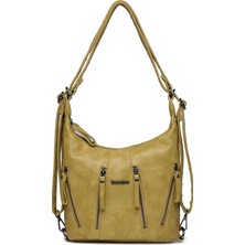 Hüvendo Barcelona Günlük Orta Boy Fermuar Detaylı Çok Cepli Kadın Omuz ve Sırt Çantası Fıstık Yeşili