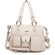 Hüvendo Çok Cepli Günlük Büyük Boy Shopper Tasarım Ayarlanabilir Askılı Kadın Omuz Çantası Bej