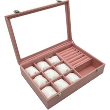 Feyza Design Şık Pembe Cam Kapaklı Çok Bölmeli Takı Organizeri