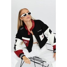 Kadın Oversize Kot Ceket – Kollari Deri Garnili Fermuarlı Motorcu Mont – Yarışçı Kolej Bomber