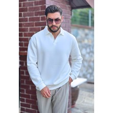 Guaraz Erkek Beyaz Polo Yakalı Pamuklu Yumuşak Kalın Kumaşlı Oversize Sweatshirt
