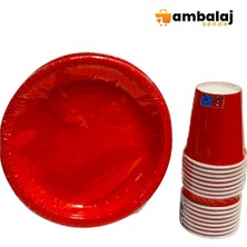 AmbalajSende Düz Kırmızı Renk Tabak-Bardak Set