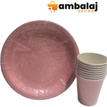 AmbalajSende Düz Pembe Renk Tabak-Bardak Set