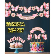 Hiras Dizayn 32 Parça Kelebek Temalı Altın Işıltılı Doğum Günü Süsü Banner Pasta Kürdanı Cupcake Kürdanı