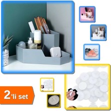 Feyza Design Şeffaf Diskli Masaüstü Köşe Makyaj Organizeri 2'li Set, Güçlü Yapışkanlar